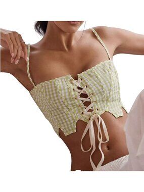 NWT LyreBird Gingham Lace-Up Bustier Crop Corset Top Small Green White MSRP $88